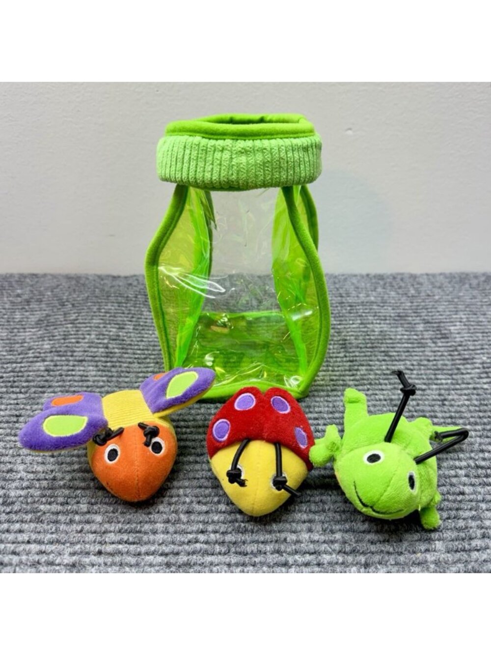 Plush Bug Catching Jug + 3 Insect Figure Set Baby Squeeze Rattle Toy Stuffed